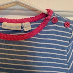 Blue striped dress with hot pink accents